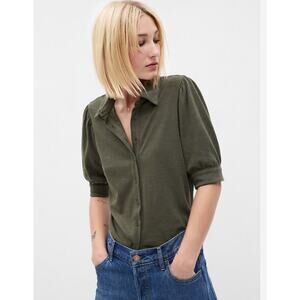 Gap Womens Cotton Blend Puff Sleeve Shirt Size M Hunter Green Preppy Cottage